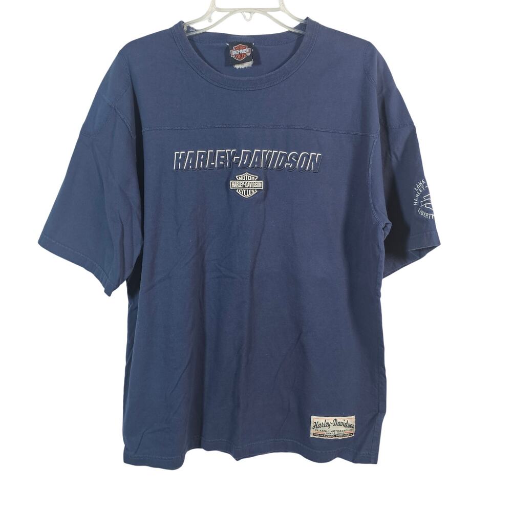 Harley Davidson Men's 100% cotton navy blue tee shirt Y2K